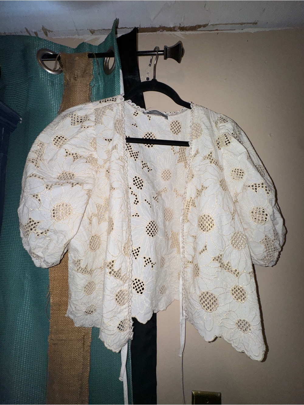 Blue B White Eyelet Lace Puff Sleeve tie front top